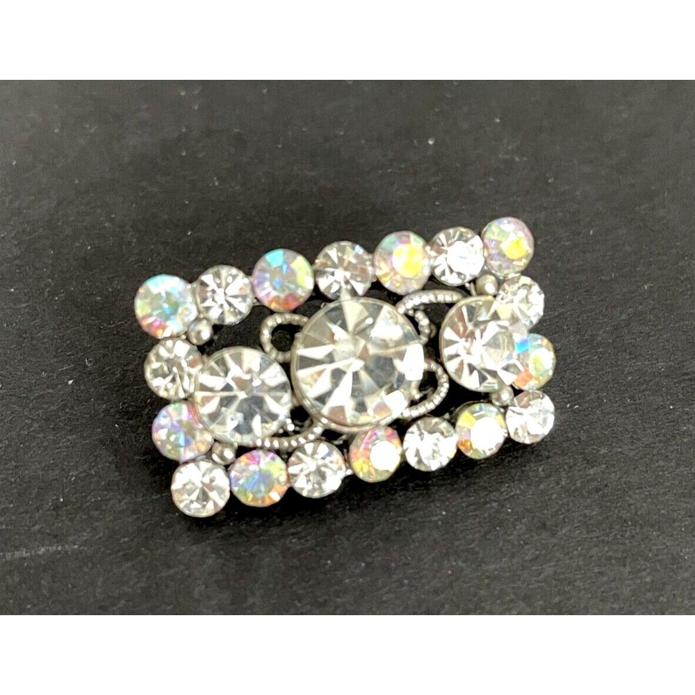 Large Rectangular Button Silver Tone Filagree w/Clear & Iridescent Rhinestones - Picture 11 of 13